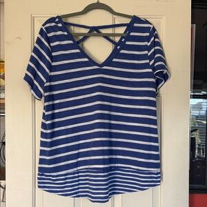 Lane Bryant Navy and White Striped V-Neck Tee